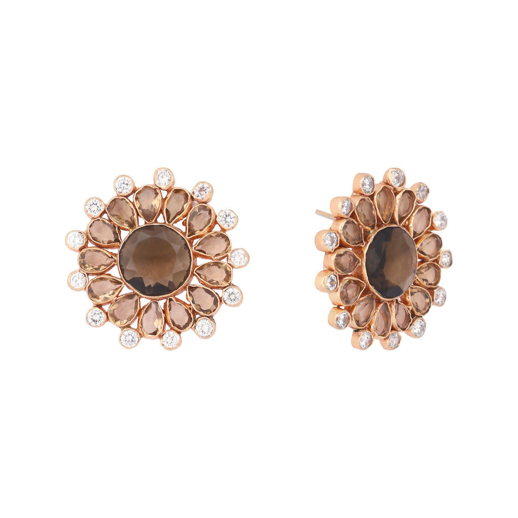 Nuyug 22K Gold Plated Faux Smoky Quartz & White Crystal Studded Contemporary Floral Shaped Studs - Distacart