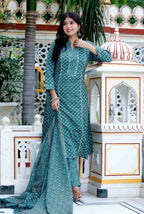Miravan Women's Cotton Straight Style Blue Kurta With Palazzo And Dupatta