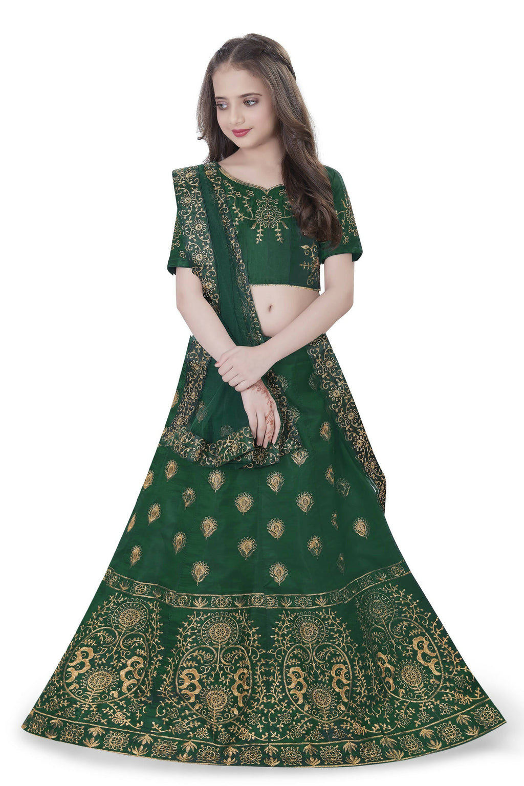Dwiden Green Gulab Tafetta Sattin Semi-Stitched Girl'S Lehenga Choli