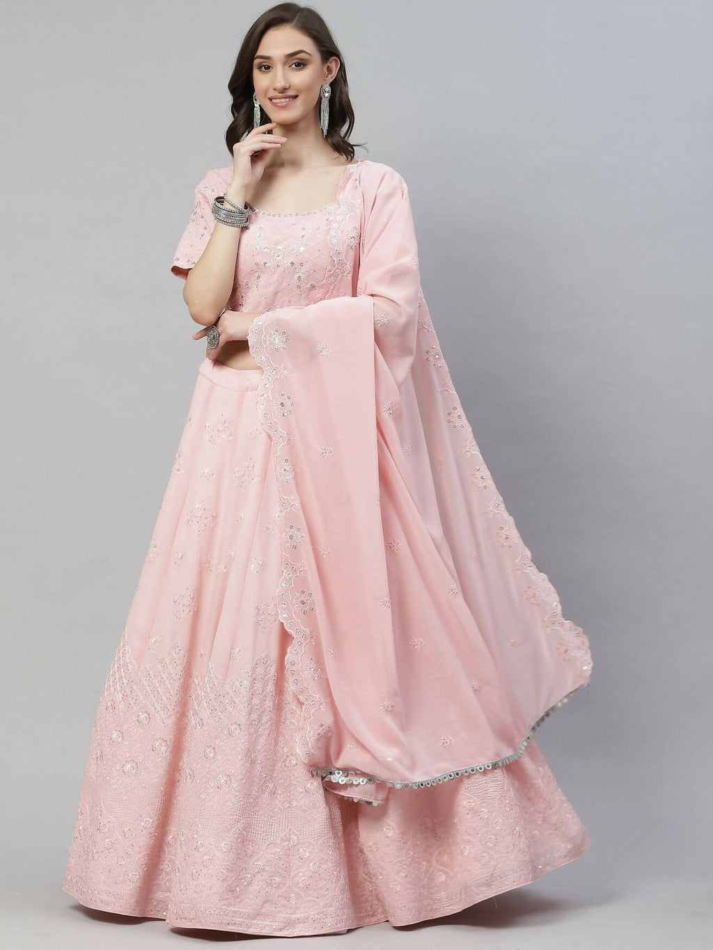 Pink Georgette Thread with Sequins Embroidered work Lehenga Choli with Dupatta - Jivika