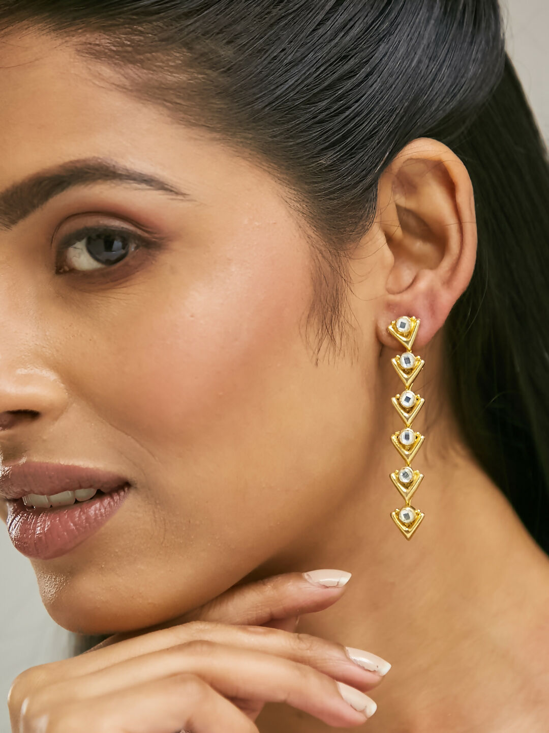 Nuyug 18K Gold-Plated Crystal Stone Studded Triangular Drop Sleek Earrings - Distacart