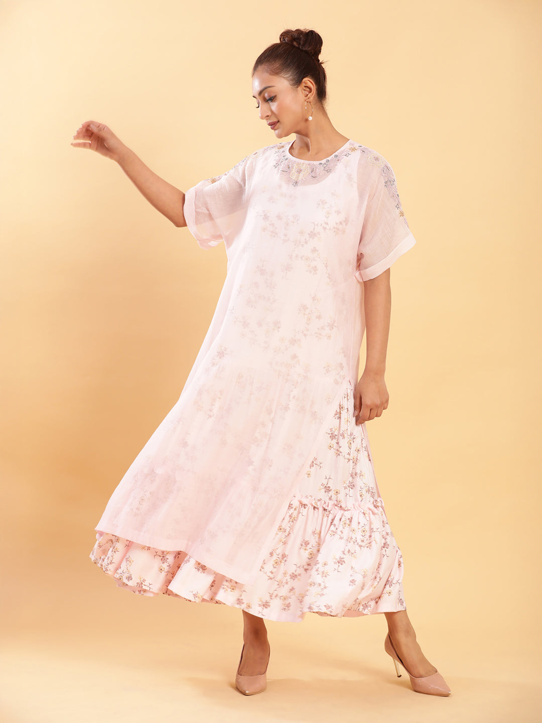 BohoJazz Bohemian Signature Layered Maxi Dress with Motif - Pink - Distacart