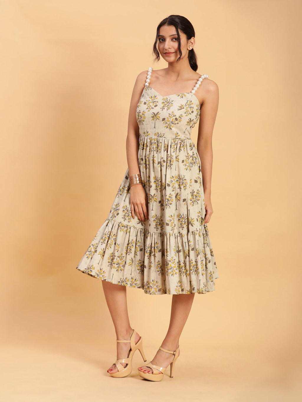BohoJazz Handblock Boho Dress with Ornate Pearl Straps - Distacart