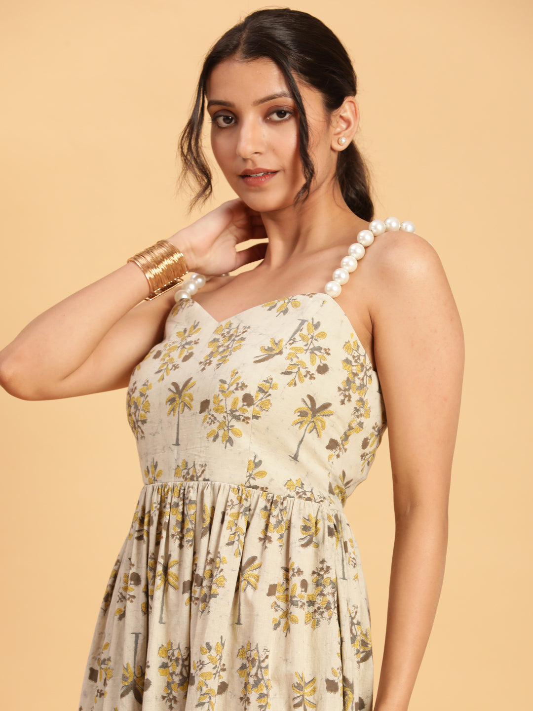 BohoJazz Handblock Boho Dress with Ornate Pearl Straps - Distacart
