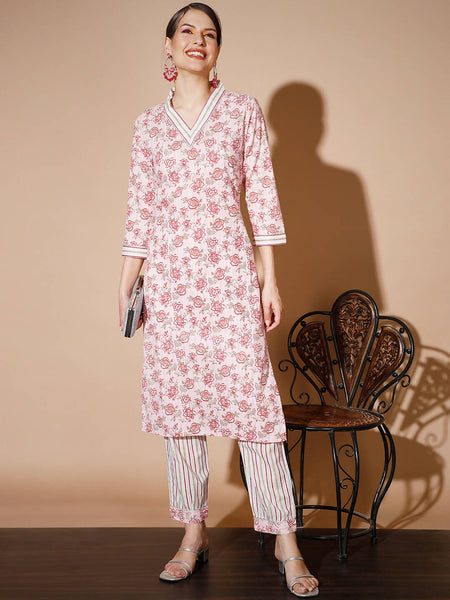 Myshka Women Pink Floral Kurta & Trousers
