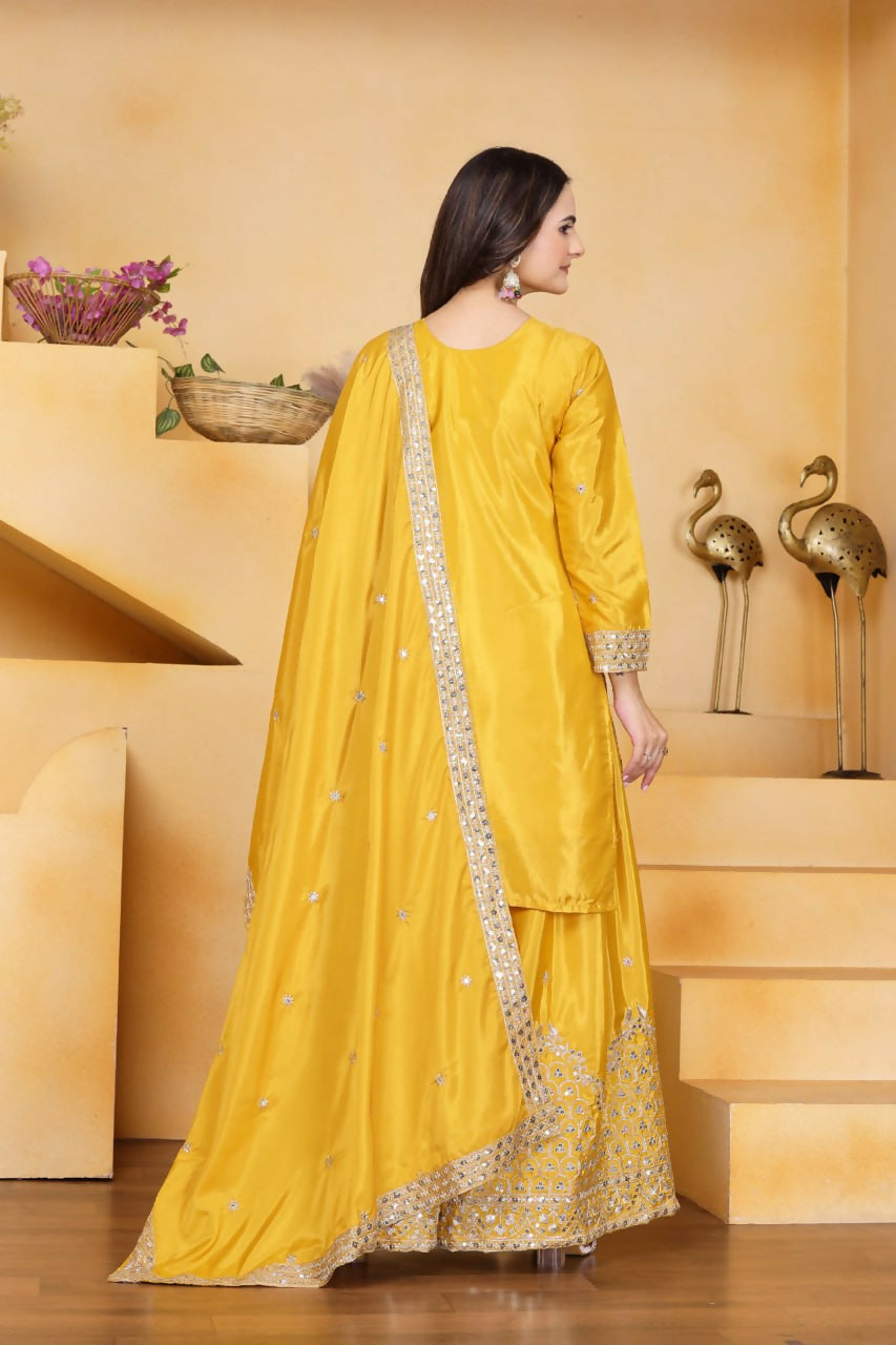 Teeya Creation Yellow Color Natural Crepe Silk Wedding Wear Trending Palazzo Set - Distacart
