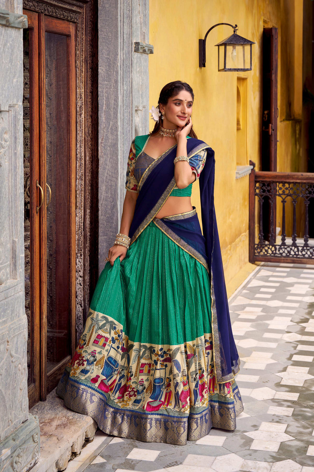 Evanik Bottlegreen South Style Kalamkari Print Design Zari Work Unstitched Lehenga Choli - Distacart