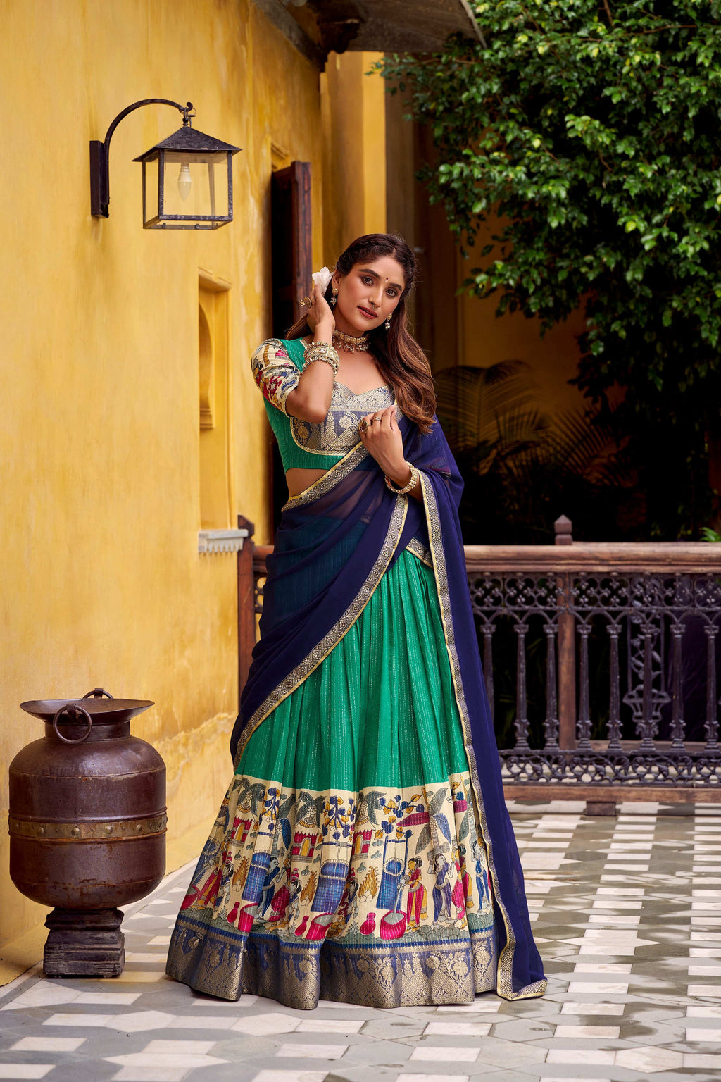 Evanik Bottlegreen South Style Kalamkari Print Design Zari Work Unstitched Lehenga Choli - Distacart
