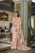 Vastranavya Peach Spectacular Georgette Printed with Pearl Lace Saree with Unstitched Blouse - Distacart