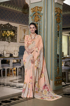 Vastranavya Peach Spectacular Georgette Printed with Pearl Lace Saree with Unstitched Blouse - Distacart