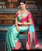 DEIANA'S Beautiful Designer Golden zari Soft Lichi Silk Saree - Sky