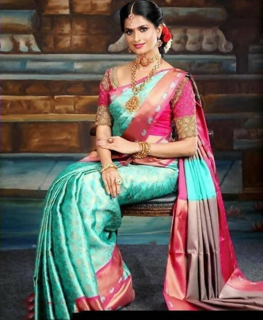 DEIANA'S Beautiful Designer Golden zari Soft Lichi Silk Saree - Sky