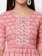 Myshka Women's Pink Printed 3/4 Sleeve Cotton Round Neck Dress