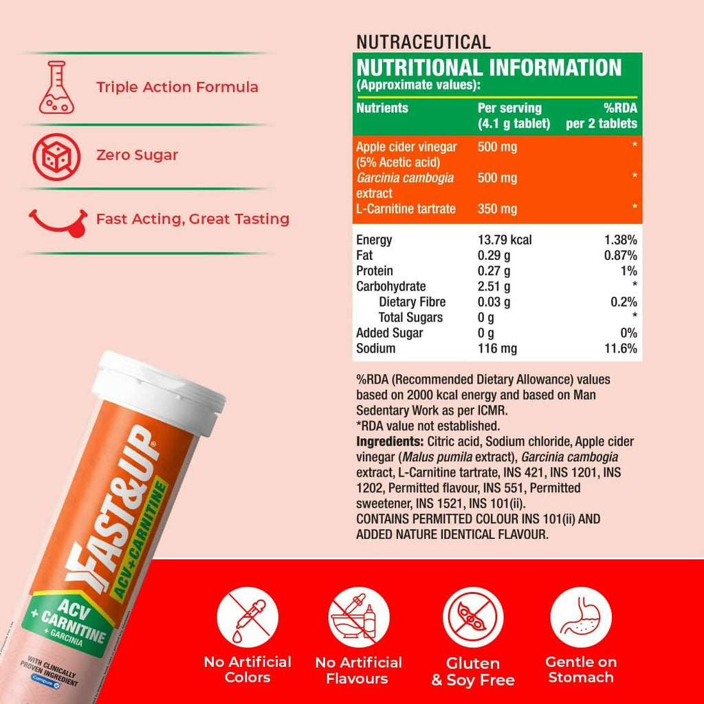 Fast&Up ACV + Carnitine, 500mg ACV , 350mg L-Carnitine, 500mg Garcinia - Lemon Flavour