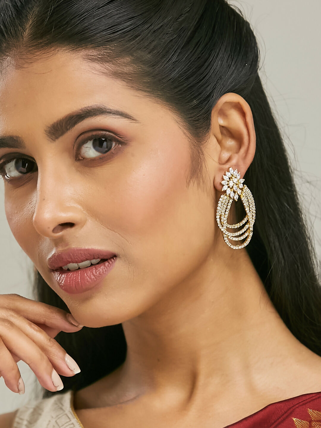 Nuyug 22K Gold-Plated Floral Motif Zircon Stone Studded Teardrop Shaped Elegant Drop Dangler Earrings - Distacart