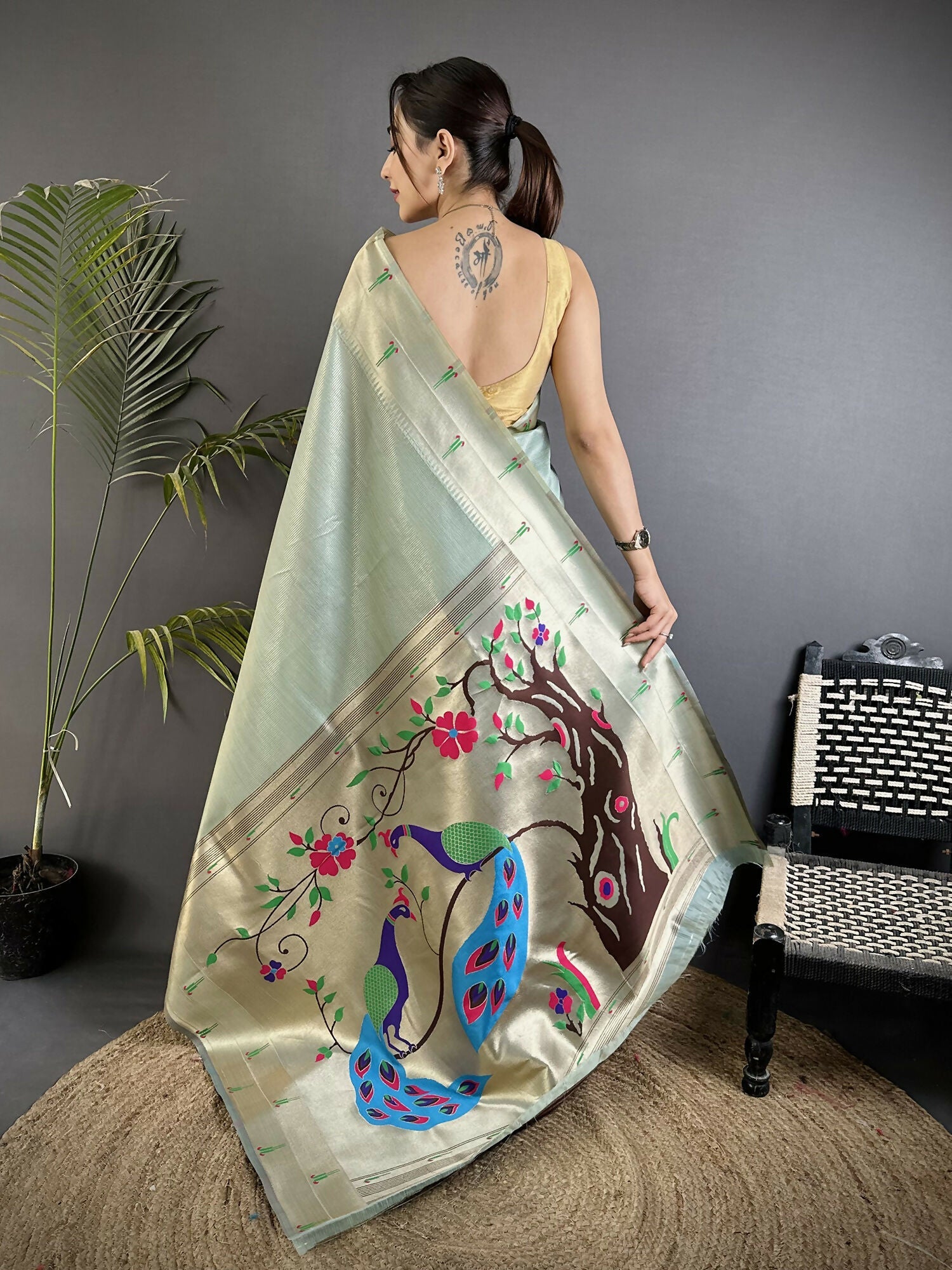 Joban Fashion Pale Blue Peacock & Floral Motifs Tissue Paithani Saree