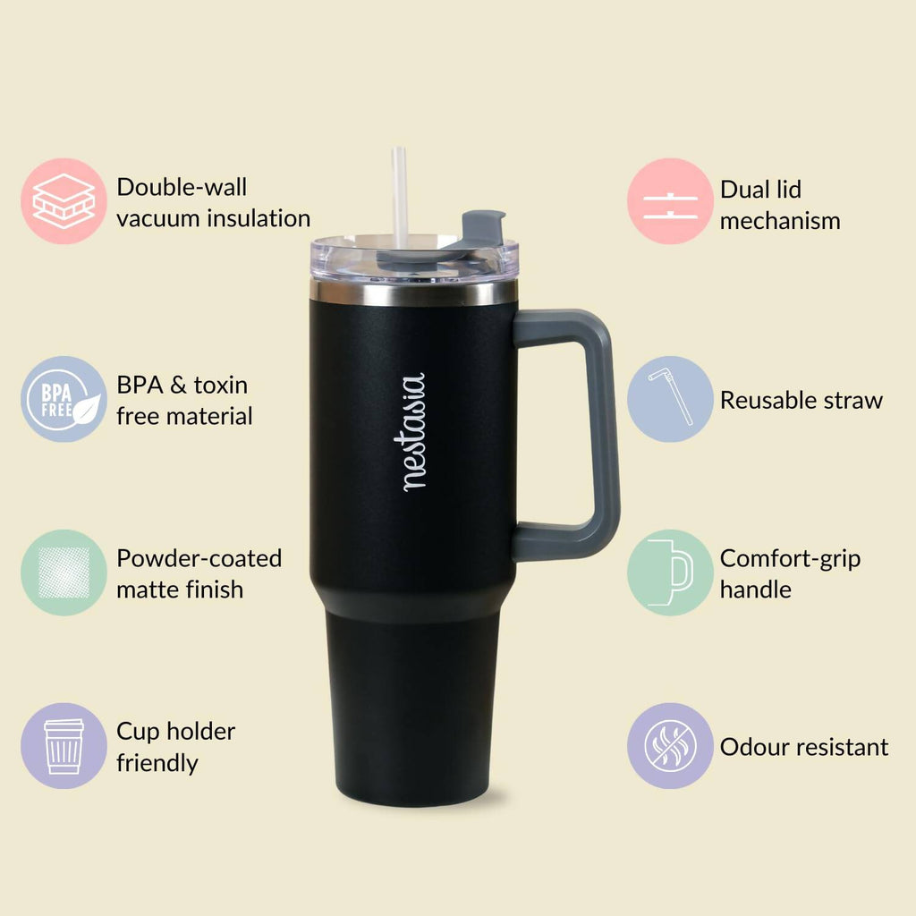 Nestasia Tumbler with Handle Straw & Lid - 1.2L (Black)