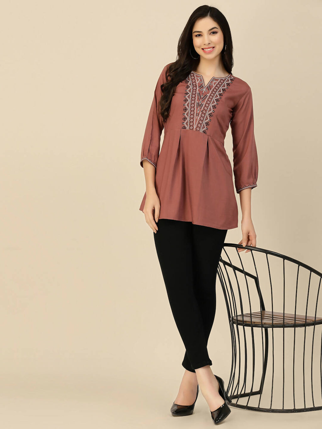 Brown Chinon Floral Embroidered Top - Zeny