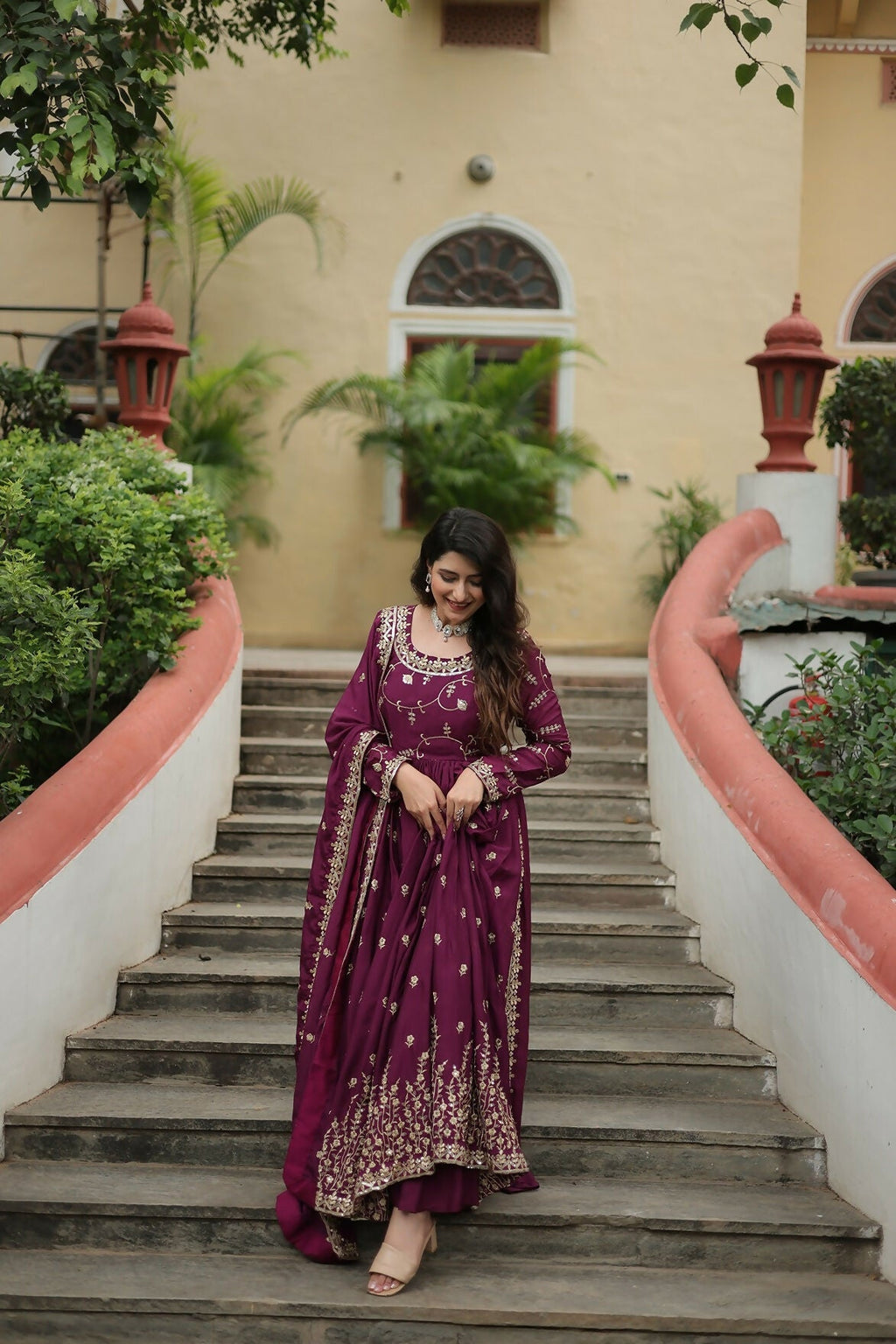 Joban Fashion Wine chinon Sequence Embroidery Work Kurta Set - Distacart