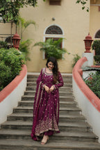 Joban Fashion Wine chinon Sequence Embroidery Work Kurta Set - Distacart