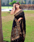DEIANA'S Beautiful Designer Golden zari Soft Lichi Silk Saree - Black
