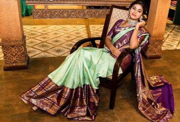 DEIANA'S Beautiful Designer Golden zari Soft Lichi Silk Saree - Pista