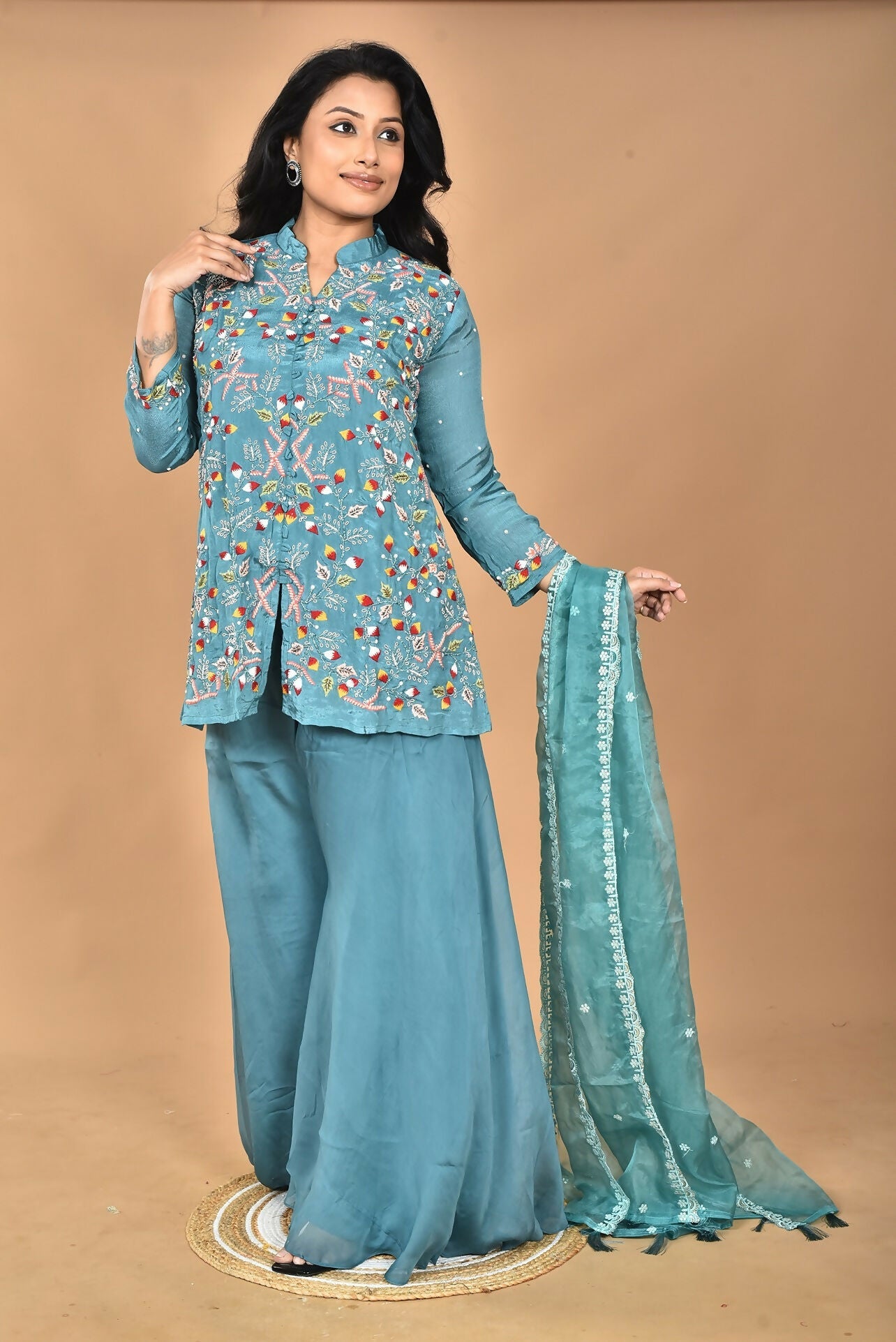 Morchari Women And Hand Embroidery Palazzo Set-Green