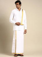 Ramraj Cotton Mens Wedding White Regular Dhoti, Shirt & Towel Set Subhakalyan 1"