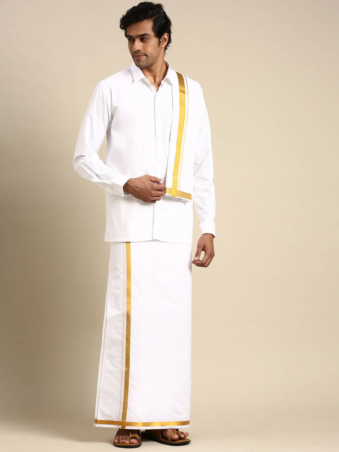 Ramraj Cotton Mens Wedding White Regular Dhoti, Shirt & Towel Set Subhakalyan 1"