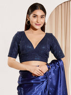 Joban Fashion Navy Blue Sequin Padded Blouse With V Neck Elbow Sleeves - Distacart