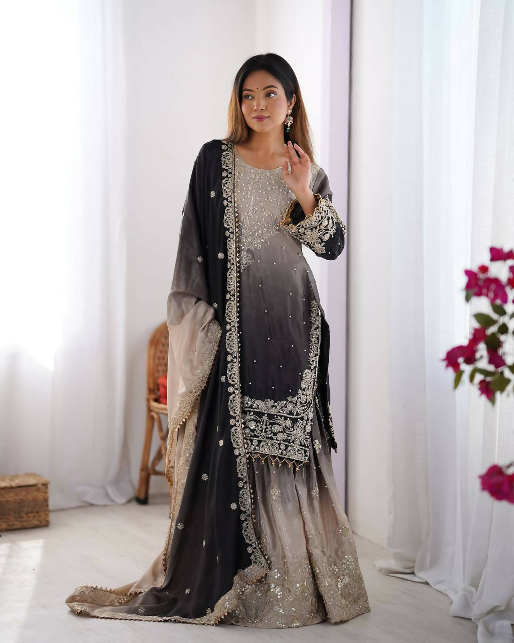 The52 Women's Beautiful Chinon silk Fabric Embroidery Work Straight Kurta Palazzo and Dupatta Set - Distacart