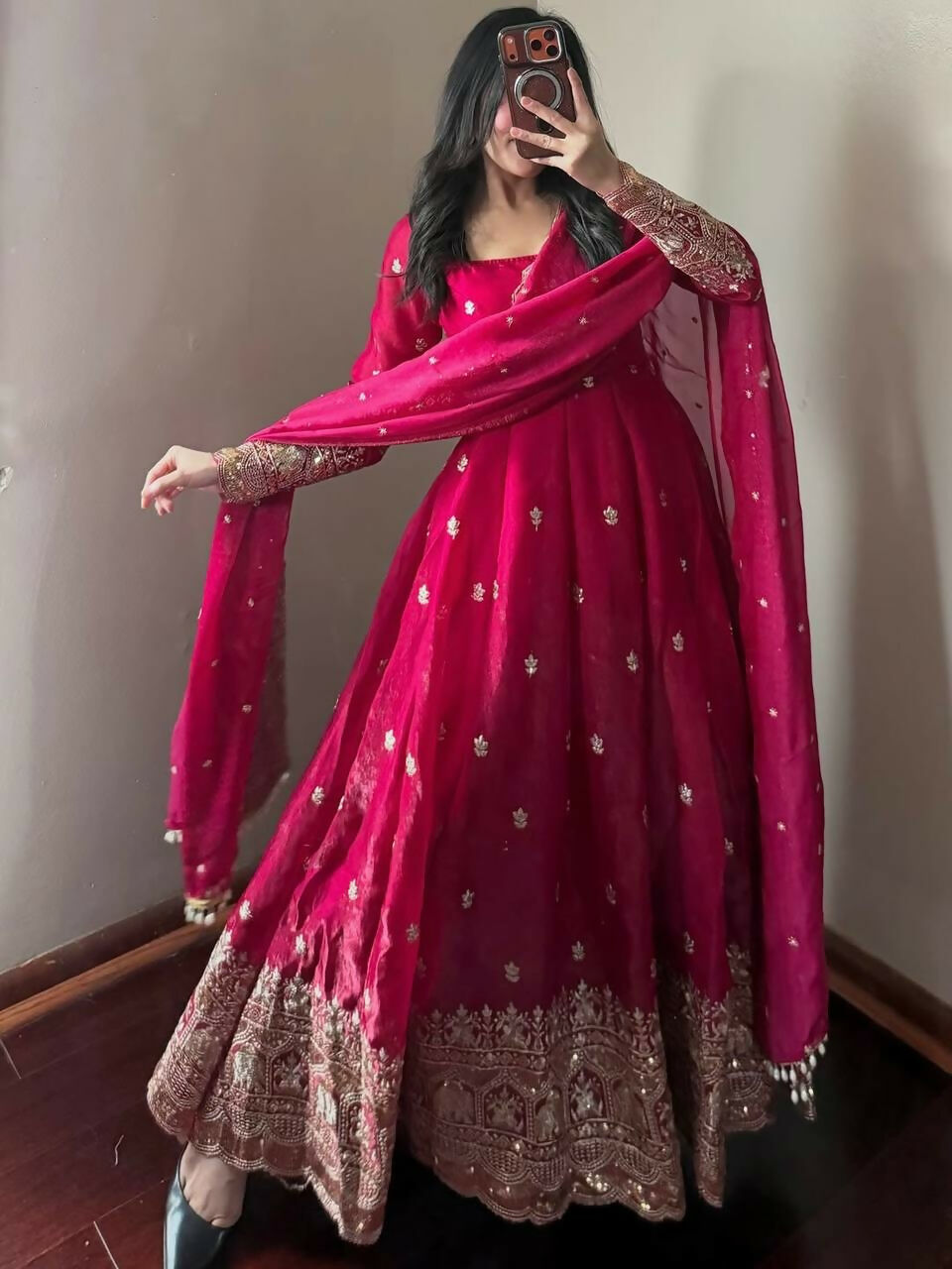 Teeya Creation Red Fendy Silk Designer Heavy Work Wedding Wear Long Gown - Distacart