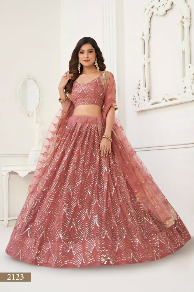 Aastha Fashion Dusty Onion Pink Butterfly Net Tone To Tone Thread Work, Sequence Work And Original Mirror Work Embroidery Wedding Wear Lehenga Choli