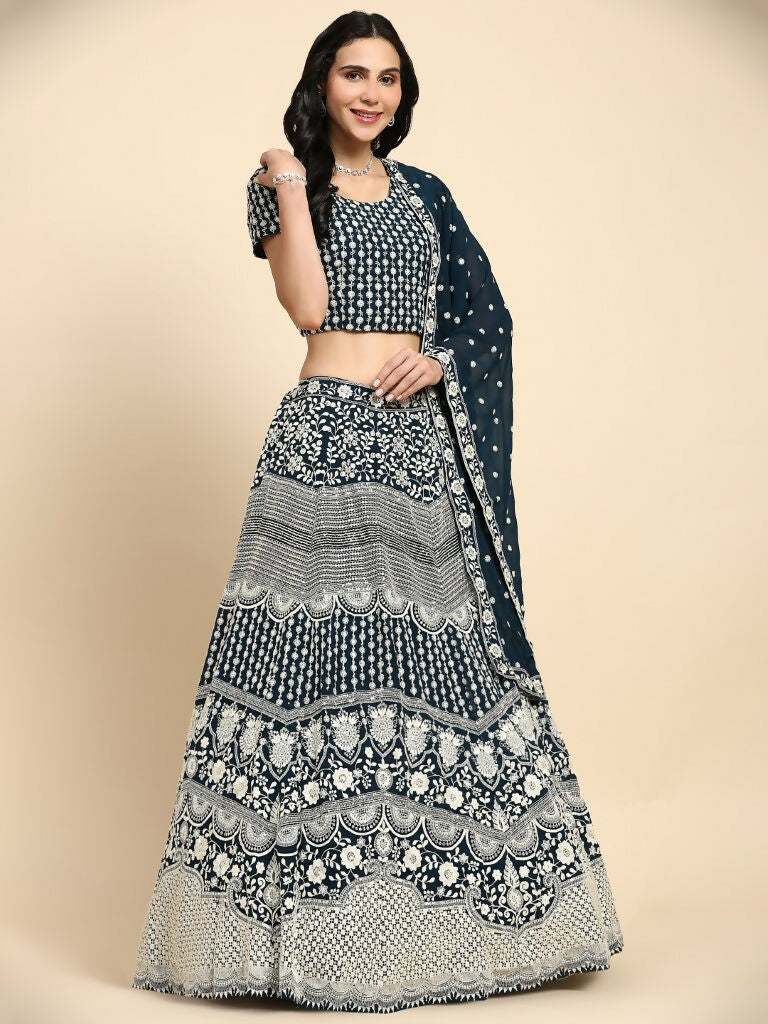 Blue Georgette Thread Embroidered Lehenga Choli with Dupatta - Tanya