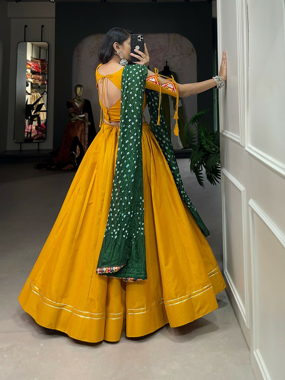 Vastranavya Navaratri Special Pure Cotton Plain With Gotta Patti Touch Up Lehenga Stitched Choli - Mustard