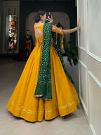 Vastranavya Navaratri Special Pure Cotton Plain With Gotta Patti Touch Up Lehenga Stitched Choli - Mustard