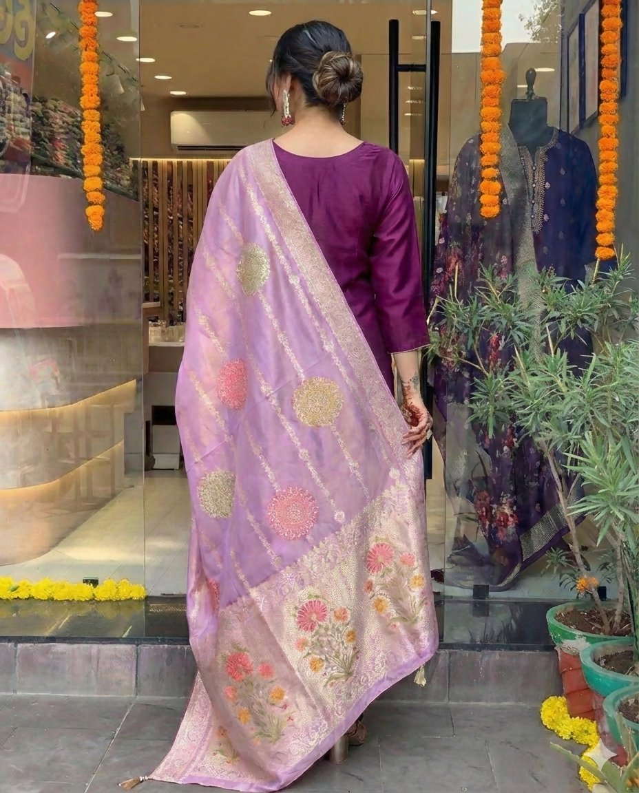 The52 Women's Beautiful Chanderi Fabric Embroidery Work Flared Kurta Pant and Dupatta Set - Distacart