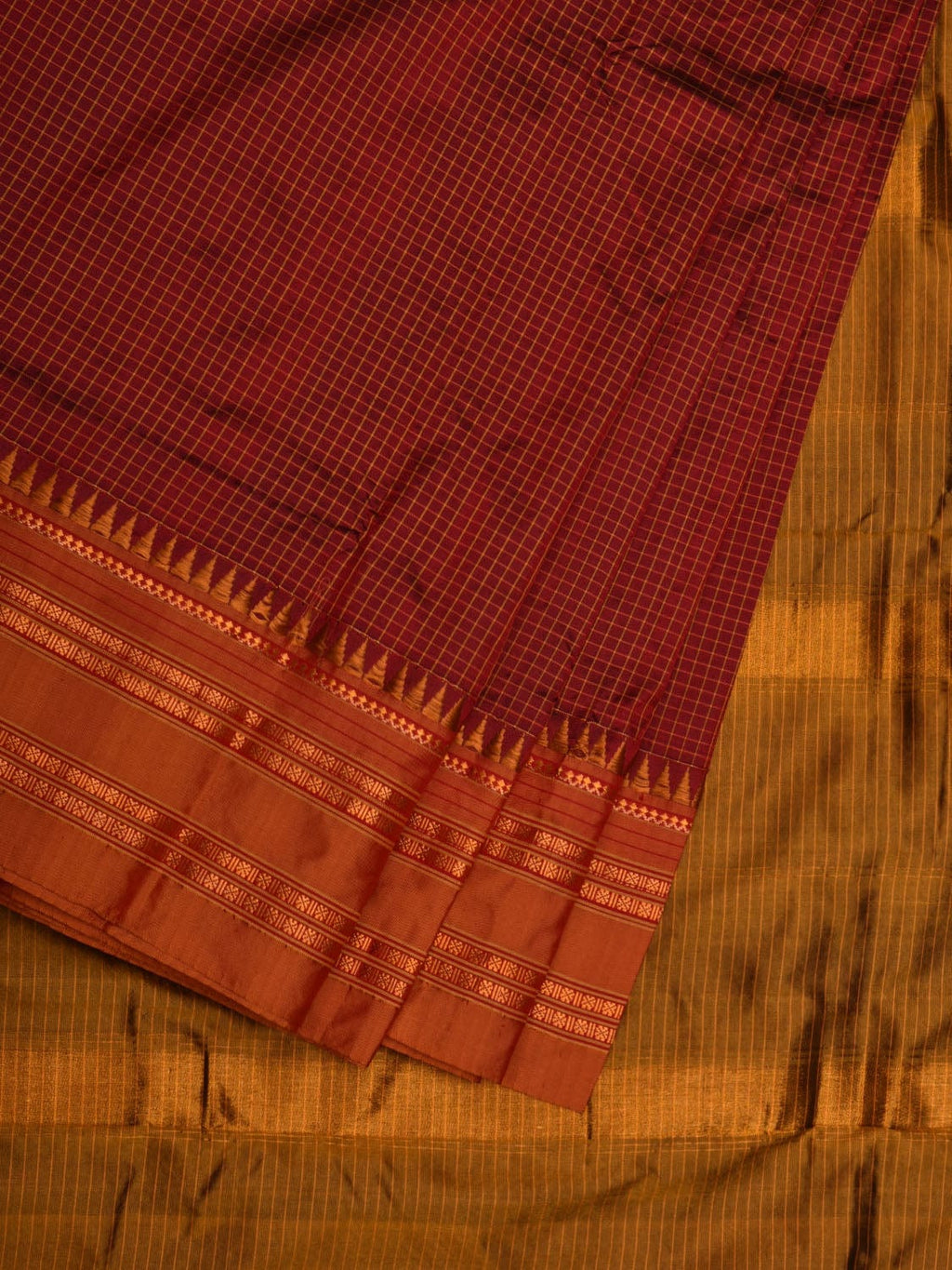 Brown and Mustard Narayanpet Silk Handloom Plain Saree with Traditional Border Design No Blouse - Global Threads