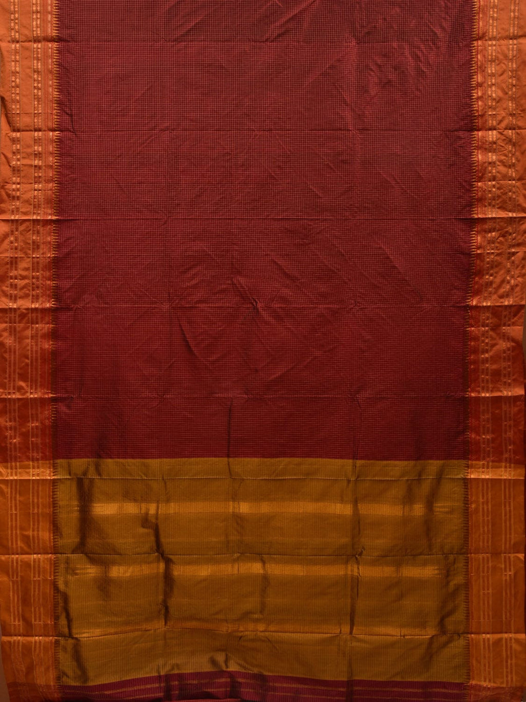 Brown and Mustard Narayanpet Silk Handloom Plain Saree with Traditional Border Design No Blouse - Global Threads