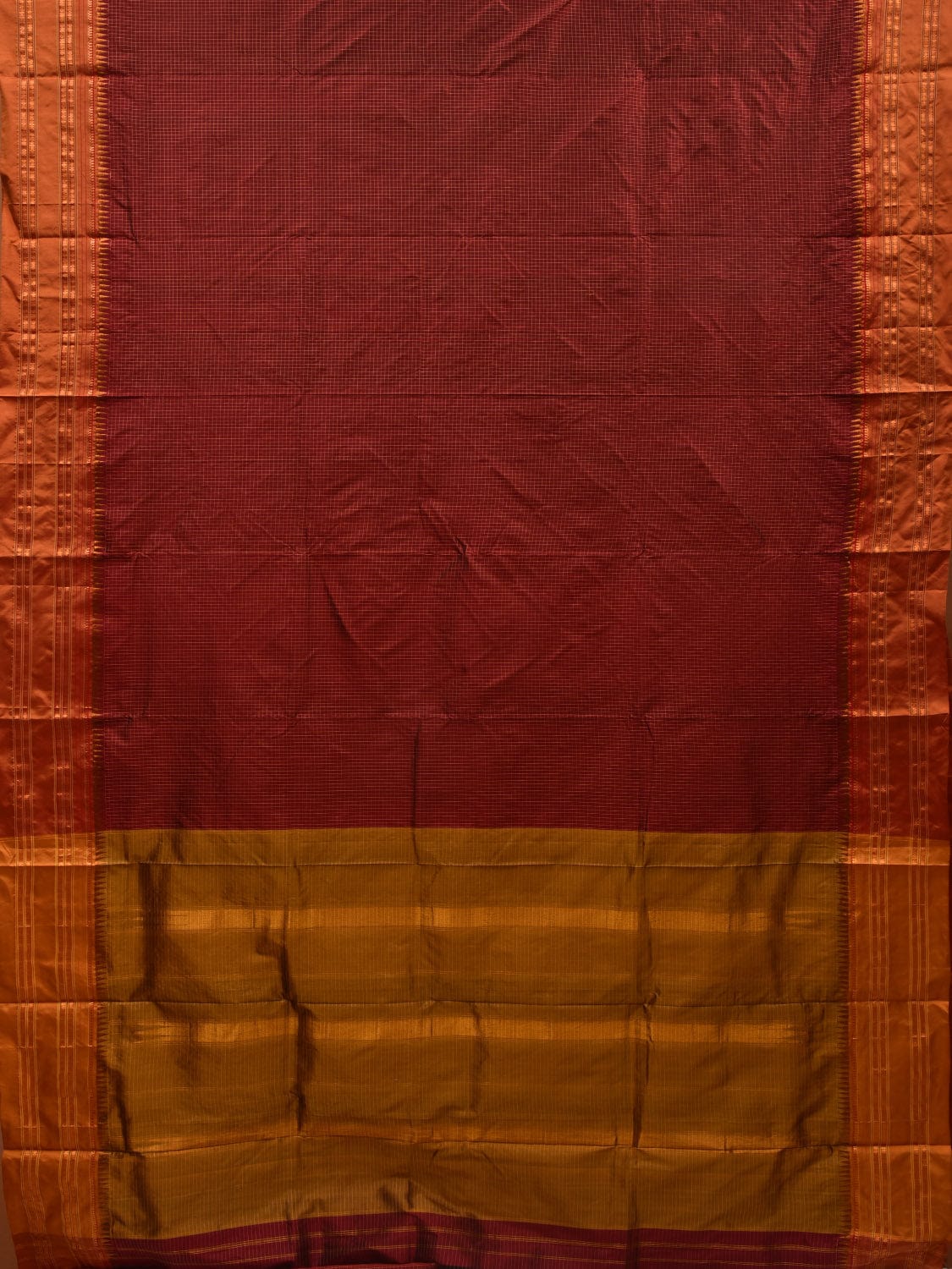 Brown and Mustard Narayanpet Silk Handloom Plain Saree with Traditional Border Design No Blouse - Global Threads