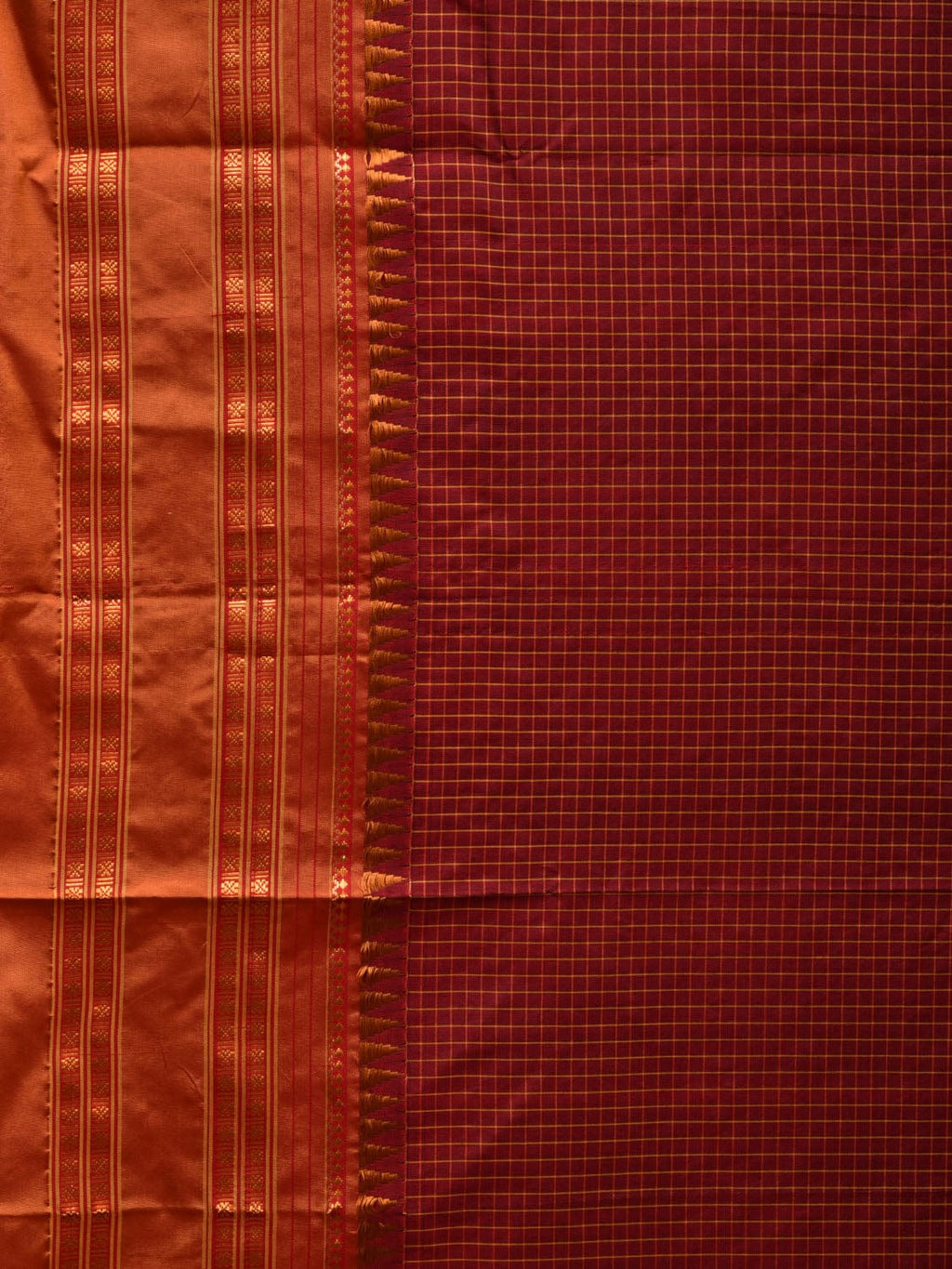 Brown and Mustard Narayanpet Silk Handloom Plain Saree with Traditional Border Design No Blouse - Global Threads