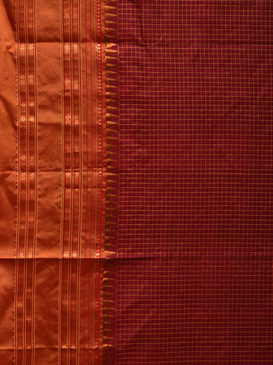 Brown and Mustard Narayanpet Silk Handloom Plain Saree with Traditional Border Design No Blouse - Global Threads