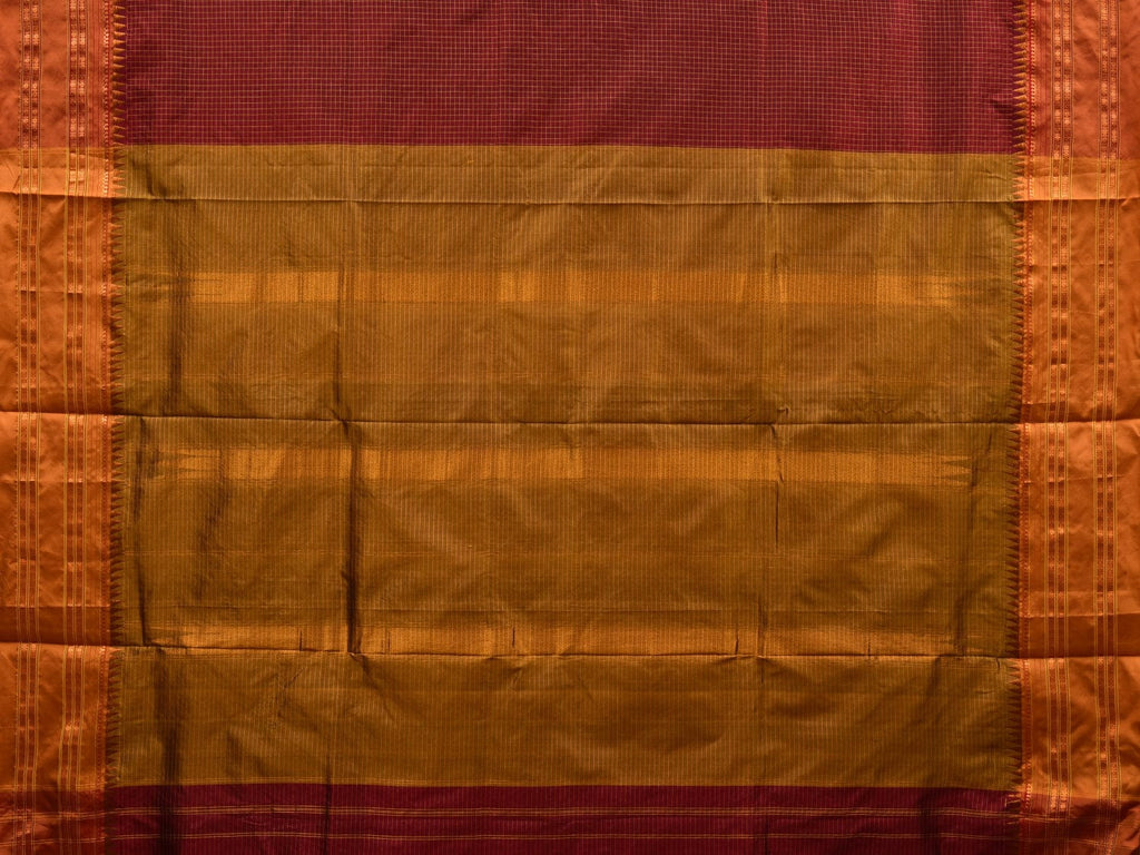 Brown and Mustard Narayanpet Silk Handloom Plain Saree with Traditional Border Design No Blouse - Global Threads
