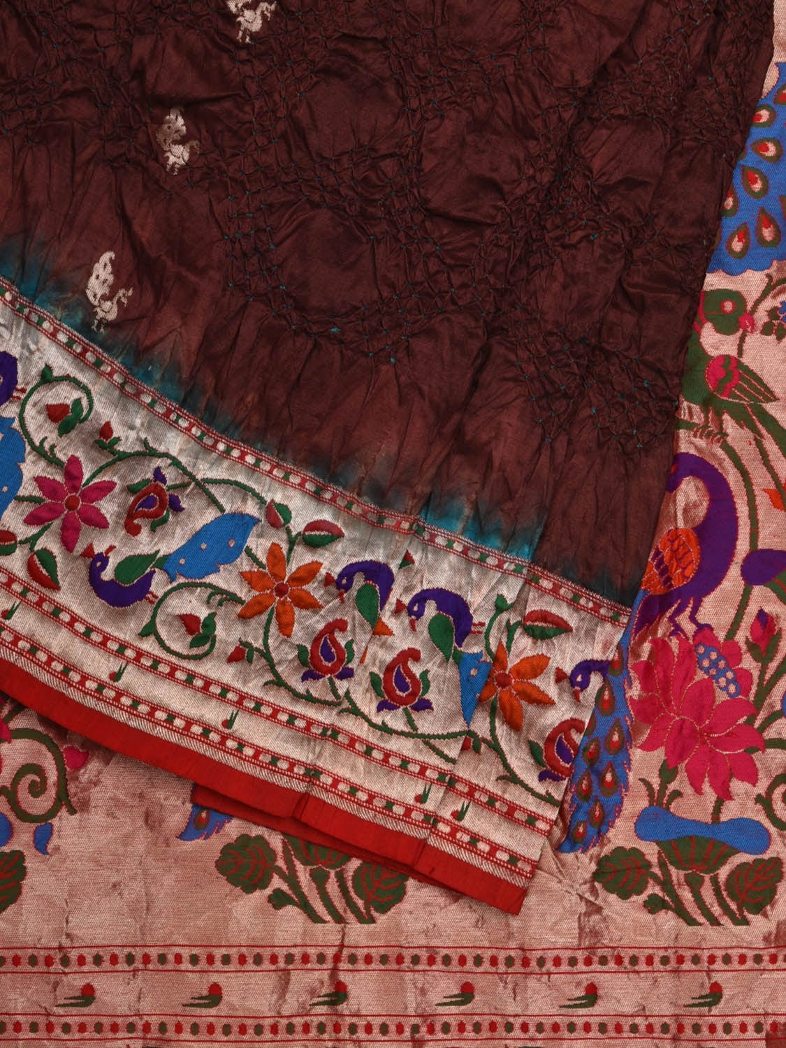 Brown Bandhani Paithani Silk Handloom Saree with Peacocks Border and Pallu Design - Global Threads