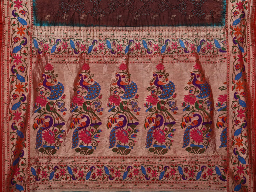 Brown Bandhani Paithani Silk Handloom Saree with Peacocks Border and Pallu Design - Global Threads