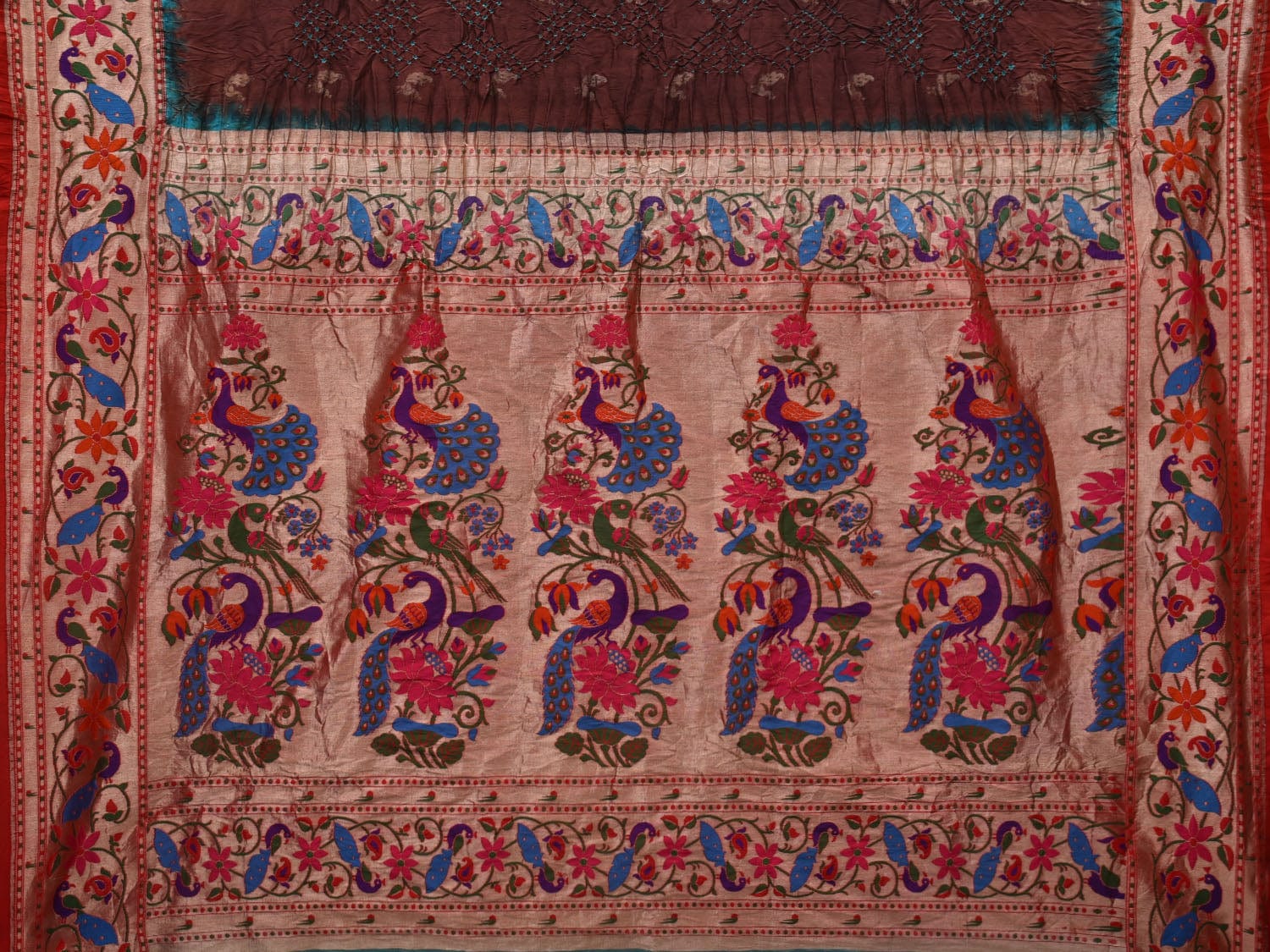 Brown Bandhani Paithani Silk Handloom Saree with Peacocks Border and Pallu Design - Global Threads