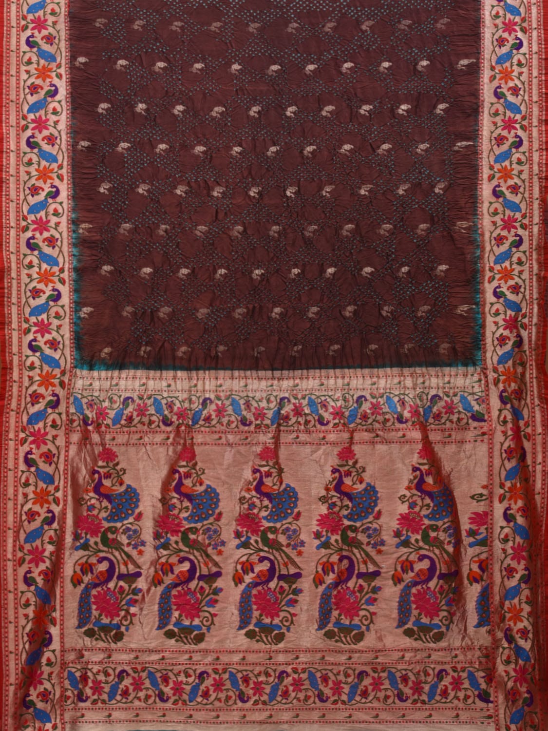 Brown Bandhani Paithani Silk Handloom Saree with Peacocks Border and Pallu Design - Global Threads