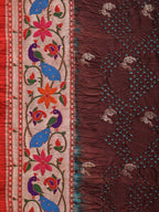 Brown Bandhani Paithani Silk Handloom Saree with Peacocks Border and Pallu Design - Global Threads