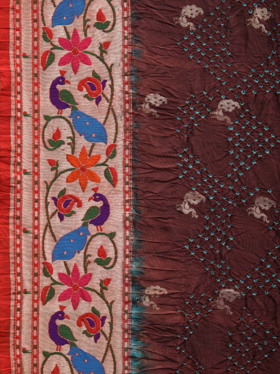 Brown Bandhani Paithani Silk Handloom Saree with Peacocks Border and Pallu Design - Global Threads