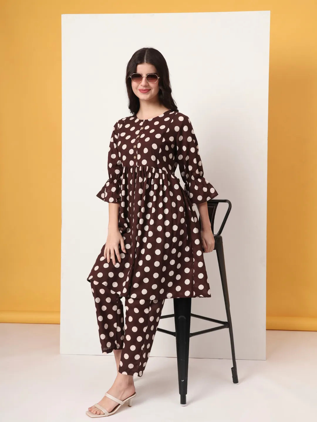 Yufta Brown Cotton Maternity Gathered Or Pleated Kurta Pants Set - Distacart